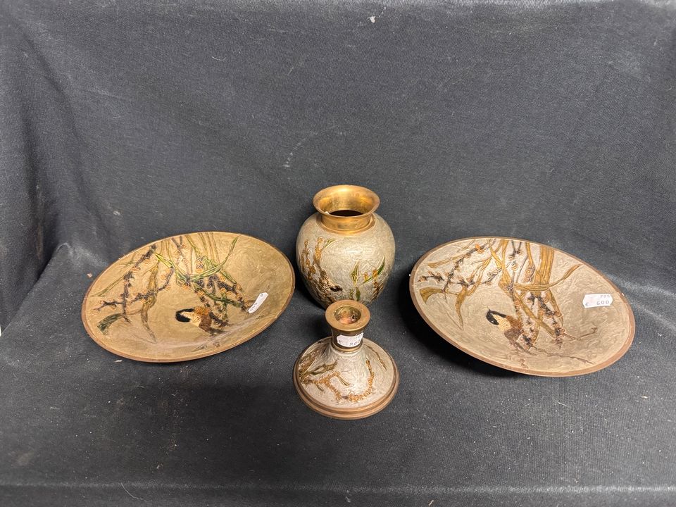 Messing Deko Vase Kerzenständer Gebäckteller bemalt Vogel
