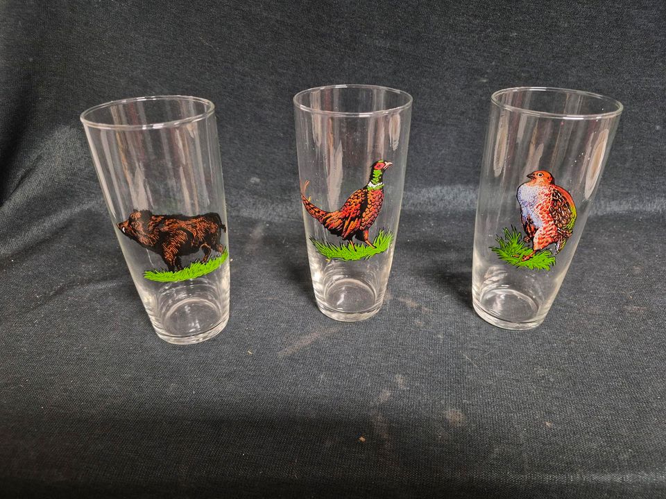 Wassergläser, Sprudelgläser, Jagd , Fasan, Falke, Wildschwein