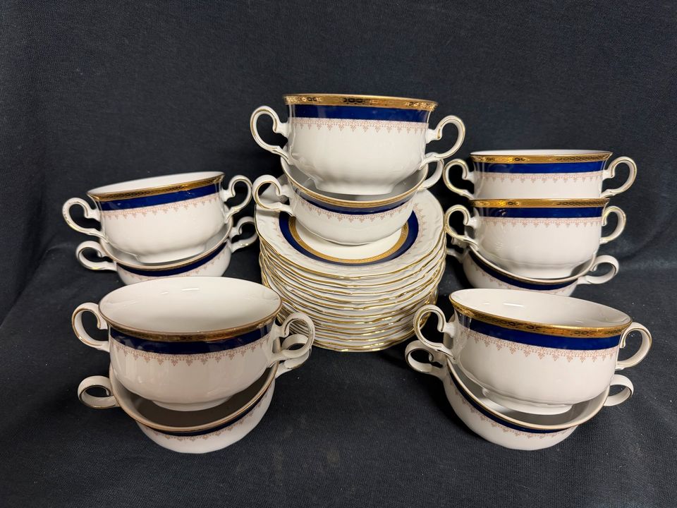11x Suppentassen mit Unterteller Winterling Röslau Blau Gold